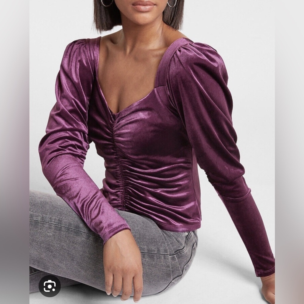 EXPRESS | LARGE DARK PURPLE VELVET RUCHED LONG SLEEVED BLOUSE TOP